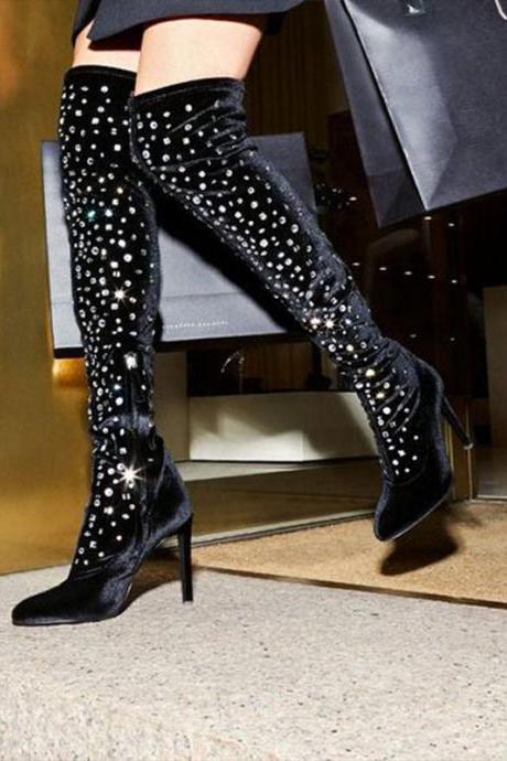 Sexy Rhinestone Pointed Toe Suede High Heel Over Knee Boots
