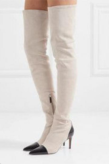 Sexy White Colorblock Pointed Toe High Heel Thigh High Boots