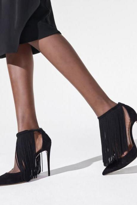 Sexy Suede Fringe Pointed Toe Zipper High Heels