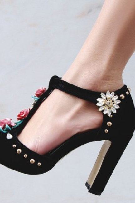 Sexy Suede Flower Rhinestone Chunky Heel Sandals