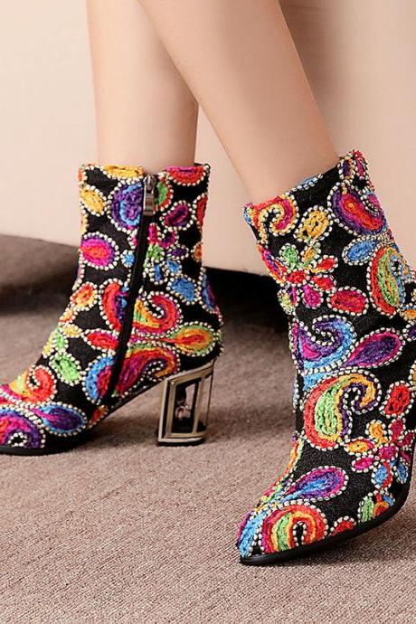 Fashion Microfiber Color Block Chunky Heel Ankle Boots