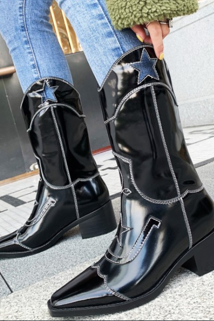 Fashion Leather Square Toe Star Chunky Heel Calf Boots