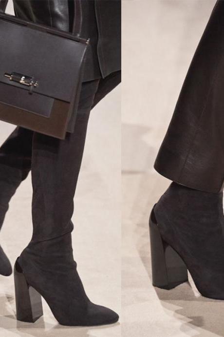 Fashion Suede Chunky Heel Plain Over Knee Boots