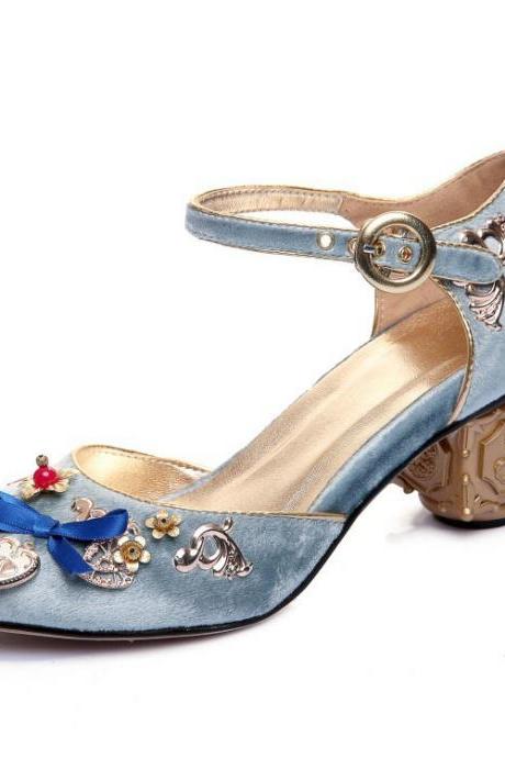 Cute Suede Embellished Round Toe Chunky Heel Sandals