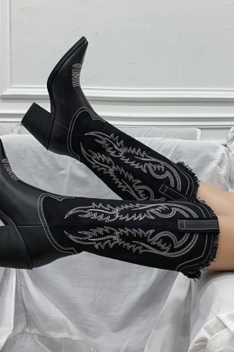Fashion Leather Patchwork Chunky Heel Cowboy Boots