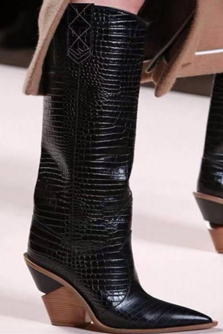 Leather Chunky Heel Point Toe Knee High Boots