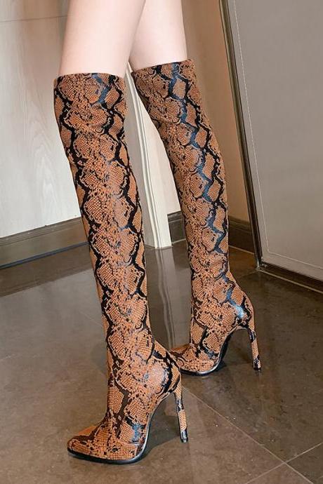 Snakeskin Point Toe High Heel Stretch Over Knee Boots