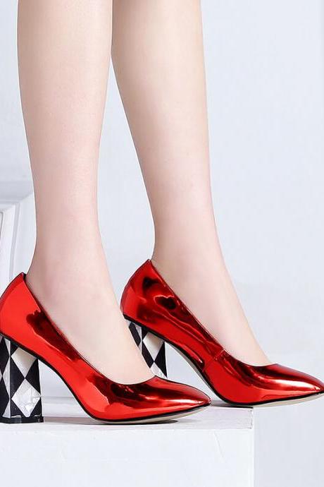 Patent Leather Point Toe Slip-on Chunky Heel Pumps