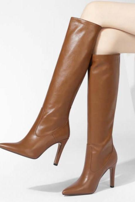 Sexy Leather Point Toe Plain Knee High Boots