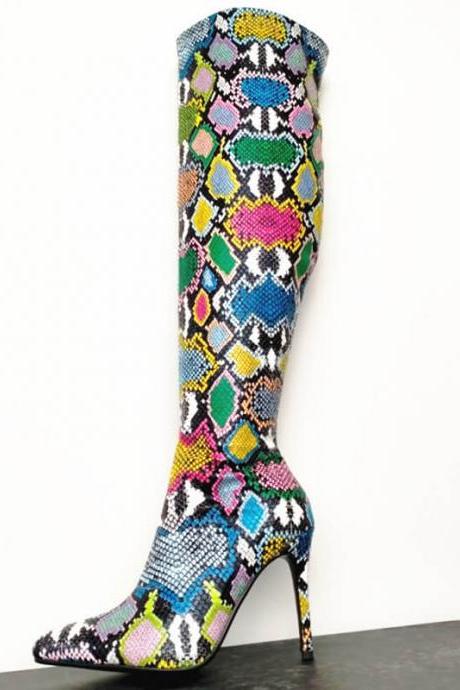 Party Snakeskin Point Toe Knee High Boots