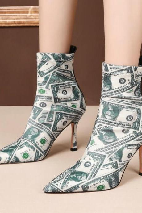 Fashion Point Toe Print High Heel Stretch Calf Boots