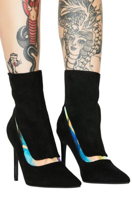 Black Suede Point Toe High Heel Stretch Boots