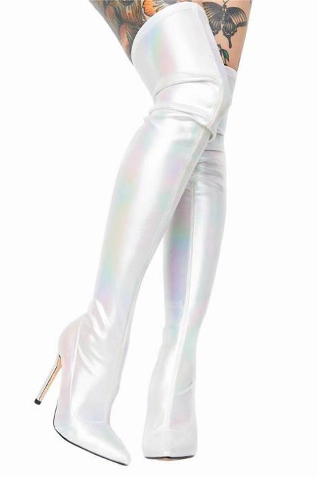 Party Silver Point Toe High Heel Over Knee Boots