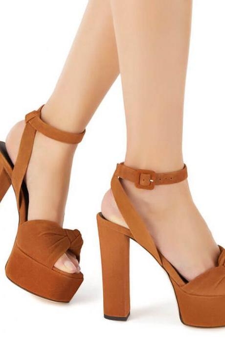 Brown Summer Suede Peep Toe Platform High Heel Sandals