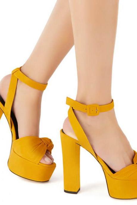 Yellow Summer Suede Peep Toe Platform High Heel Sandals