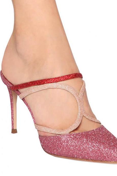 Rose Red Summer Sequin Point Toe High Heel Mule Sandals