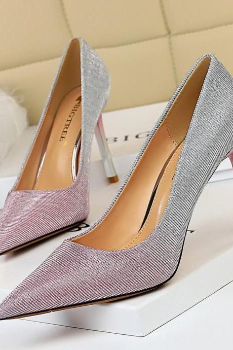 Sexy Pink Pu Gradient Point Toe Slip On Pumps