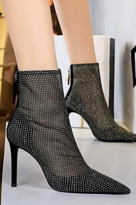 Black Mesh See Through Point Toe High Heel Ankle Boots