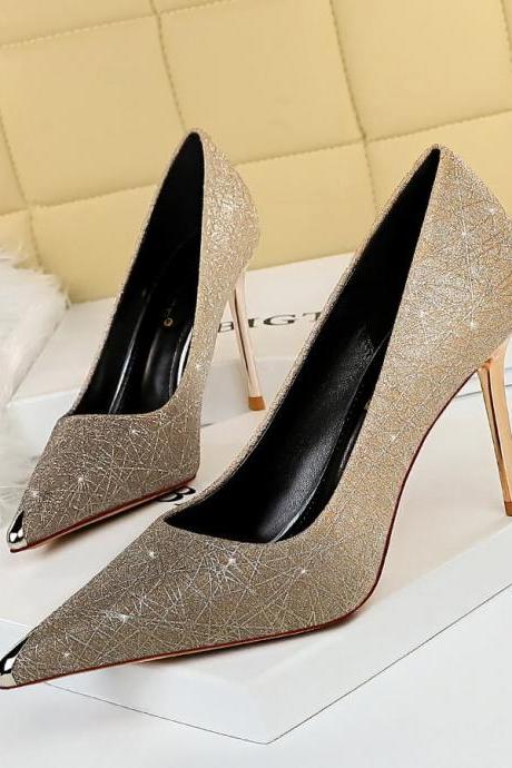 Fashion Champagne Sequin Point Toe Slip On Pumps