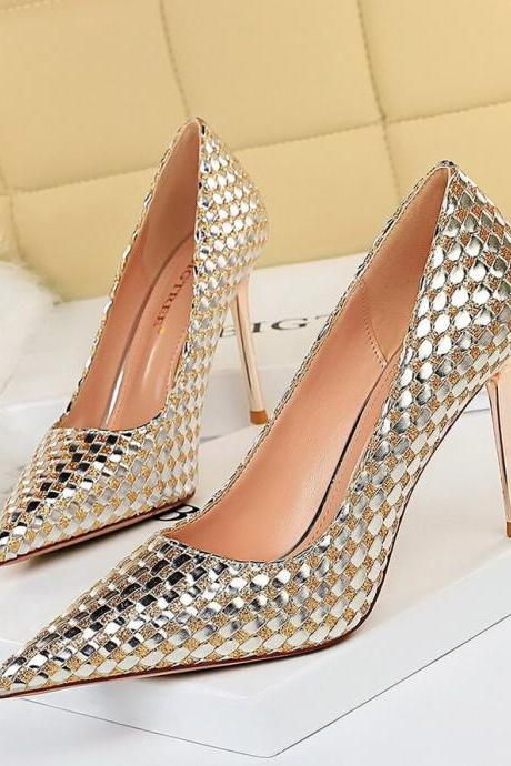 Champagne Party Sequin Point Toe Slip On Stiletto Heel Pumps
