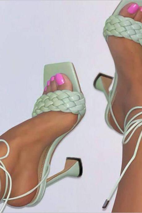 Light Green Pu Square Toe Ankle Strap High Heel Sandals