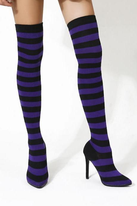 Purple Multi Point Toe High Heel Stretch Over Knee Sock Boots