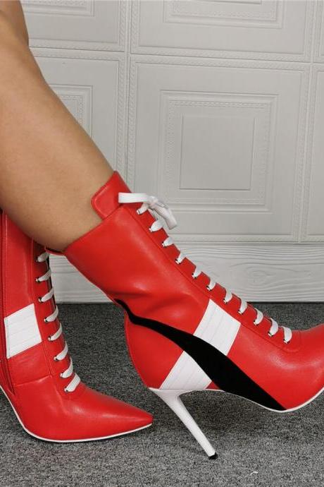 Red Pu Point Toe Strap High Heel Calf Boots