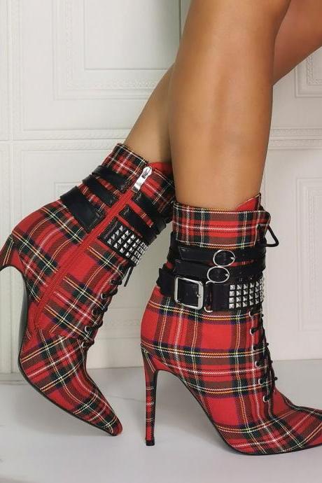 Red Plaid Point Toe Buckle High Heel Calf Boots
