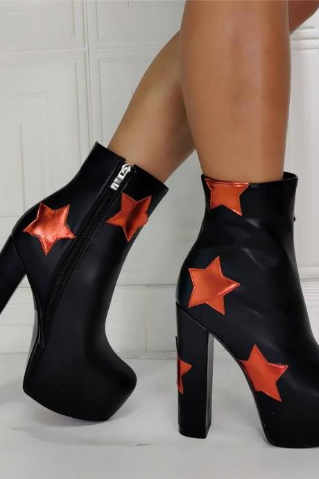 Black Pu Platform Star High Heel Ankle Boots
