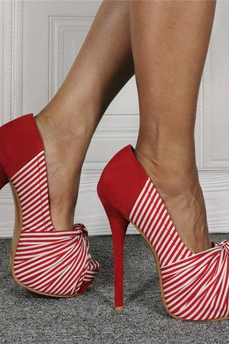 Red Suede Peep Toe Stripes High Heel Sandals