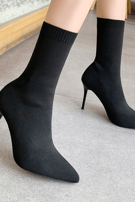 Sexy Black Point Toe Stretch High Heel Sock Calf Boots