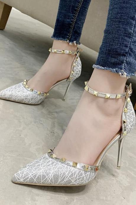 Sexy Silver Point Toe Rivet Buckle High Heels