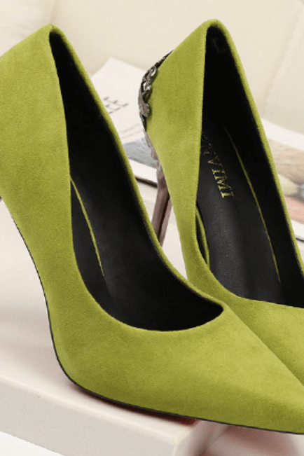 Sexy Green Suede Point Toe Embellished Slip On Pumps