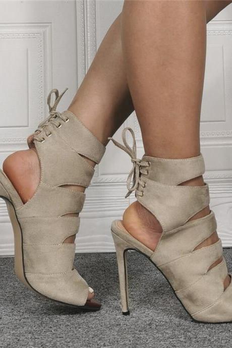 Gray Suede Peep Toe Cutout High Heel Sandals