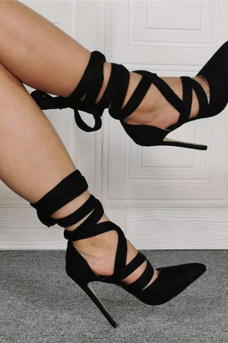 Black Suede Point Toe Ankle Strap High Heel Sandals