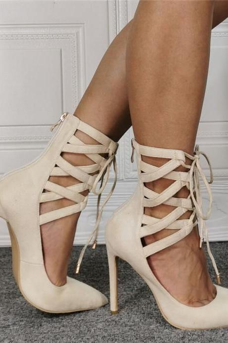 Sexy Beige Suede Point Toe Ankle Strap High Heel Sandals
