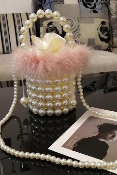 Pink Hadmade Customize Fur Pearl Crossbody Bucket Bags