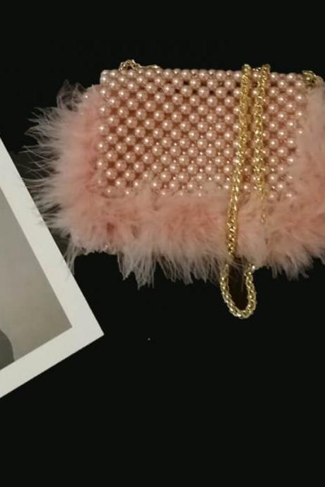 Pink Cute Hadmade Customize Pearl Fur Crossbody Satchel Bags