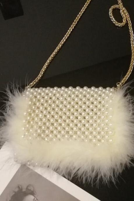 Beige Cute Hadmade Customize Pearl Fur Crossbody Satchel Bags