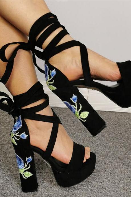 Black Suede Platform Embroidery Strap Chunky Heel Sandals