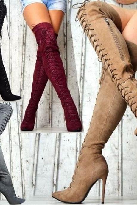 Red Scrub Point Toe High Heel Strap Over Knee Boots