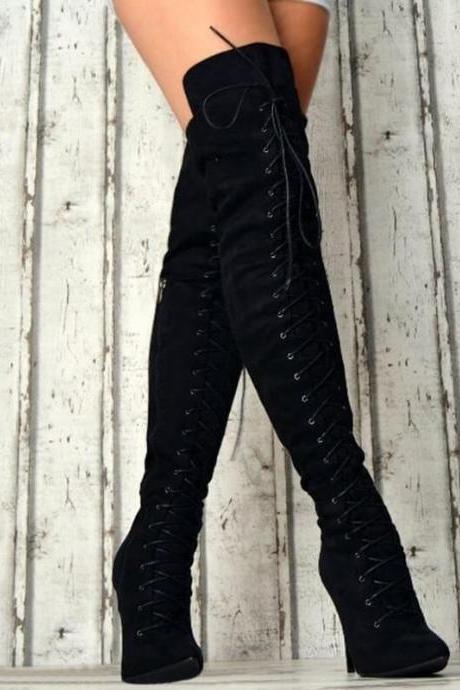 Black Scrub Point Toe High Heel Strap Over Knee Boots