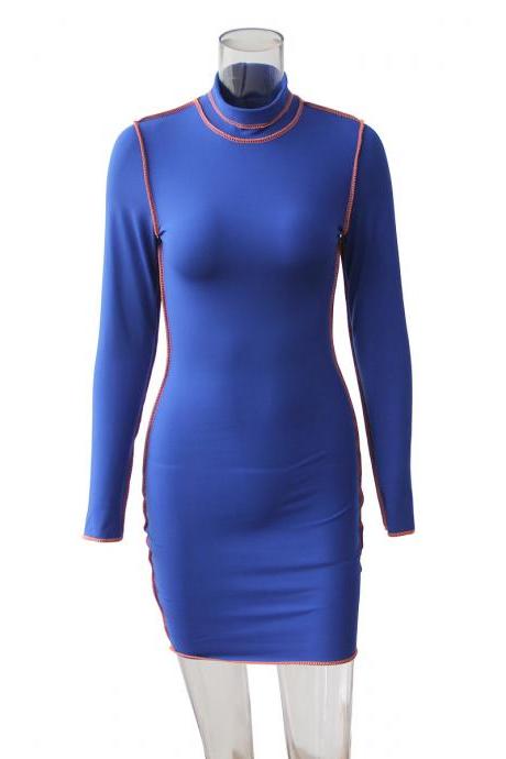 Fashionable Round Neck Contrast Long Sleeve Hip Dress