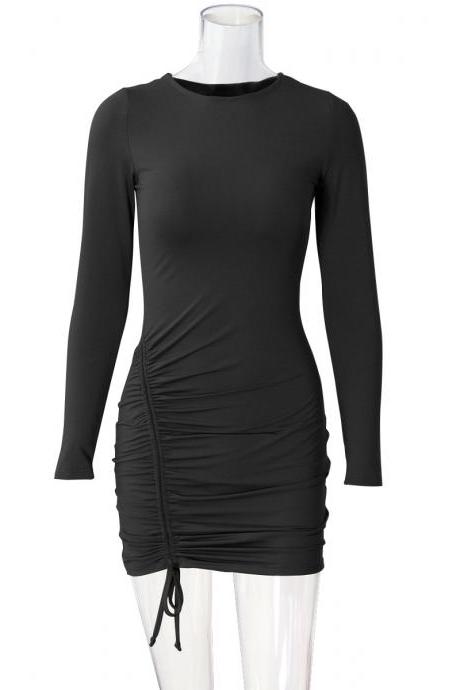 Sexy Long Sleeve Drawstring Pleated Bodycon Party Dress