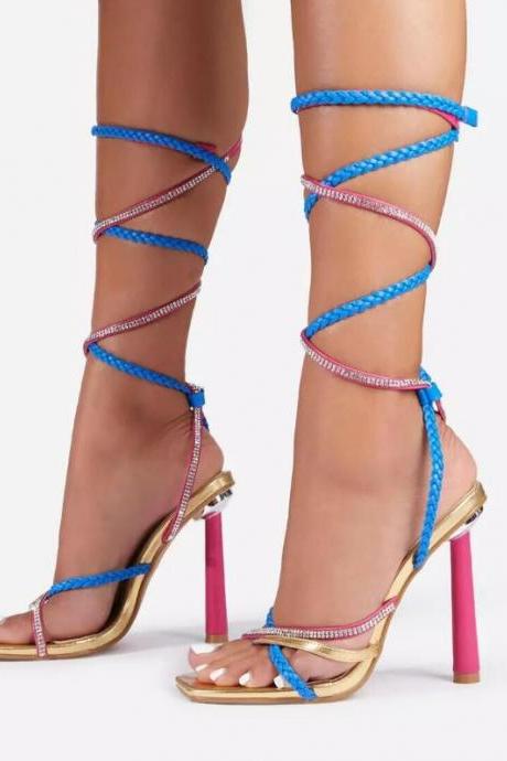 Hand Woven Diamond High Heel Square Tie Sandals