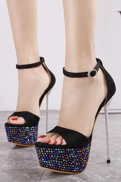 Color Water Drill Water Table Thin High Heel Button Sandals