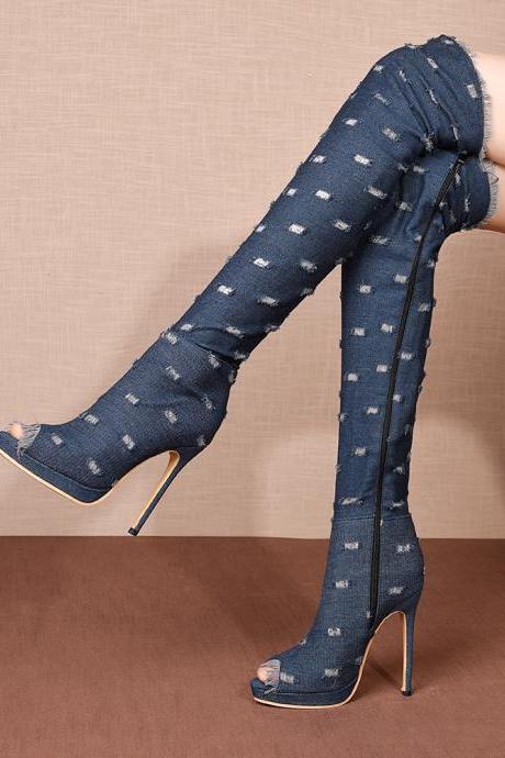Denim Over The Knee Cool Boots