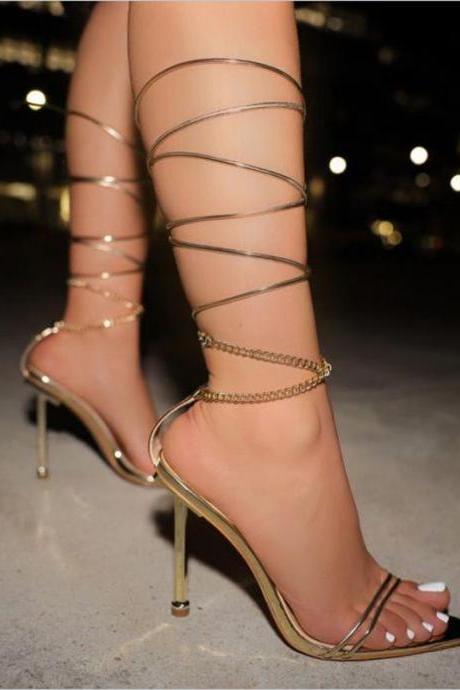 Pointed Metal Chain Strap Stiletto Sandals
