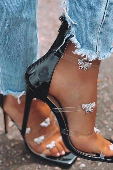 Diamond Butterfly Transparent Thin High Heel Square Sandals