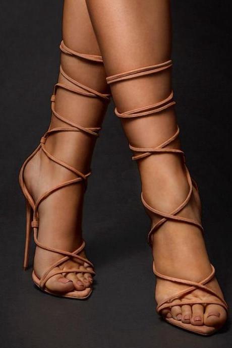 Pointed Roman Strapped Stiletto Sandals-pink